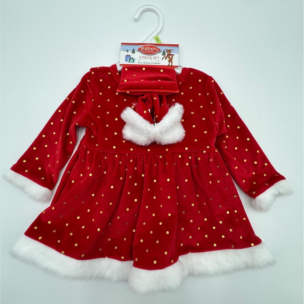 NEW Rudolph Reindeer Baby Girls 3M Christmas Outfit Dress‎ 3 Piece Set Velour